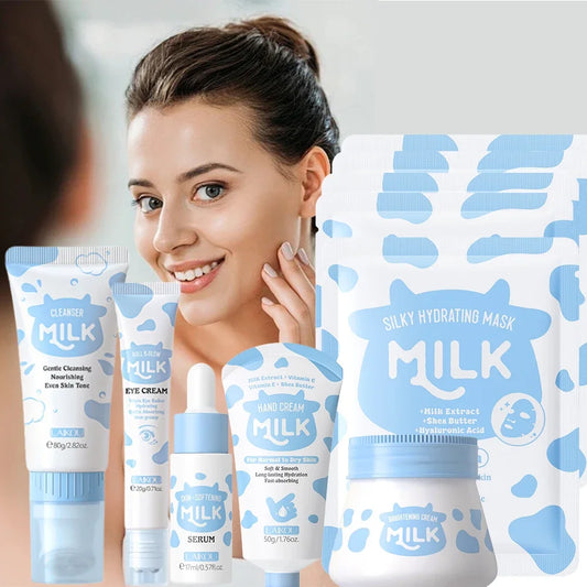 MilkiWay - 10PCS Milk Nourish Skincare Set Face&Hand Dual Care - Brightening Eye Cream BB Cream Pore Cleansing Gentle Deep Hydration Christ